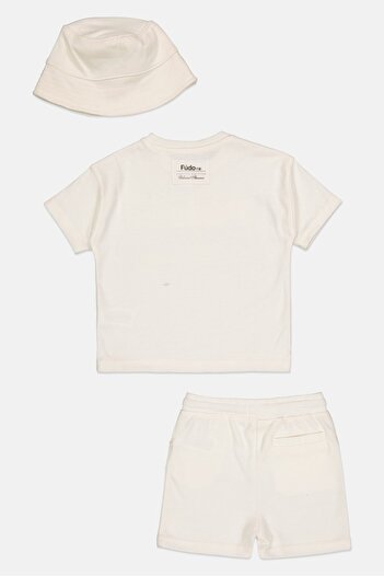 Fudo Toddlers Boy 3 Pcs Solid T-Shirt, Short And Bucket Hat Set, Off White