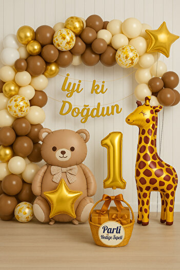 parti hediye sepeti Bear and Giraffe Themed Birthday Party Set |   Gold Balloons, Balloon Chain, and Happy Birthday Lettering