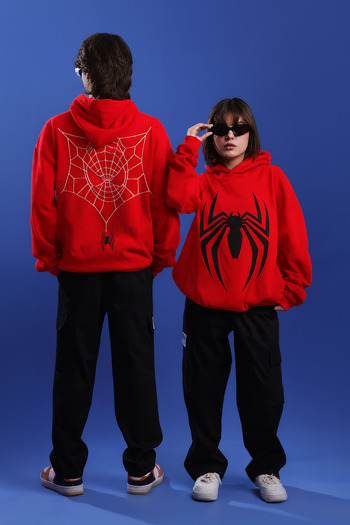 CLASSY.MODA Unisex 3 Thread Hooded Kangaroo Pocket Sweatshirt Front Back Custom Red Black Spider Print