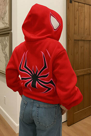 CLASSY.MODA Young Style Unisex Hooded 3 Thread Kangaroo Pocket Sweatshirt Modern Spider Printed