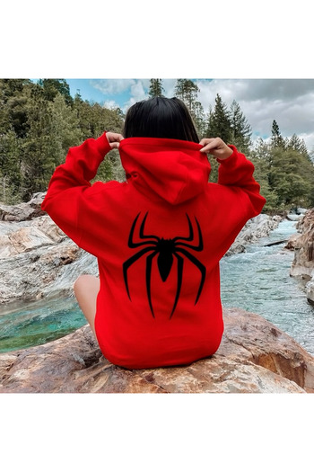CLASSY.MODA Unisex 3 Thread Hooded Sweatshirt with Kangaroo Pocket Back Large Red Spider Printed
