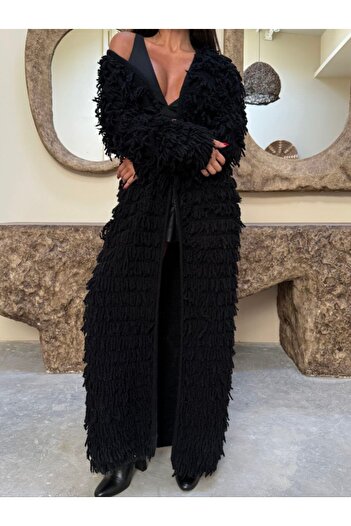 Julidress Black Tasseled Maxi Long Cardigan