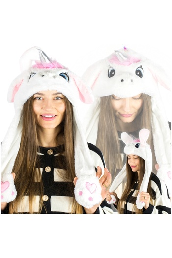 Other Hat with moving ears, white unicorn, paws, waving, fluffy winter.