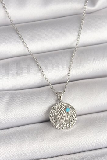 REBORN DESIGN 316L Steel Silver Color Chain Zircon Stone Blue Stone Detailed Medallion Model Women's Necklace