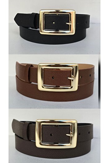 Kemerix Women's Black-Tan-Brown Gold Buckle 3-Piece Belt Set