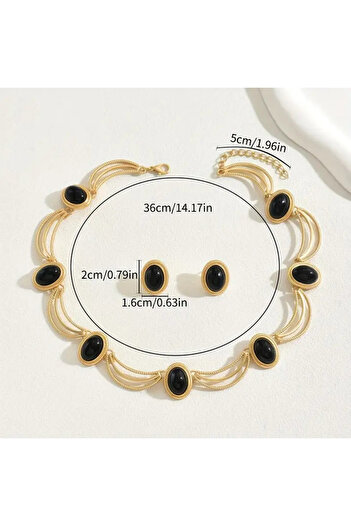 byozanyılmaz Complete Necklace and Earring Set with Black Stones