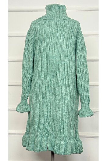 RACE FASHİON Turtleneck Sleeve and Skirt Ruffled Long Knit Dress Rc8001