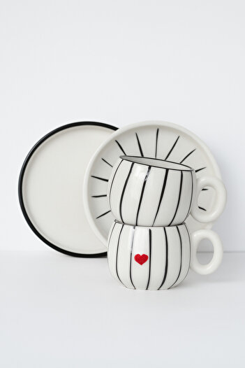 Hausette 2-Piece Heart Patterned Striped Ceramic Turkish Coffee Set, Mug, Turkish Coffee Cup, Cup, Mug