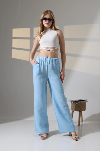 hazelin Women's Blue Elastic Waist Muslin Fabric Wide Leg Pants Hzl25S-Dsb12221