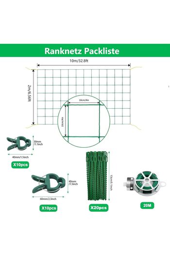 ANYUNKEY Climbing plant support net, 2X10m, with clips and strips, vegetable support, cucumbers, tomatoes