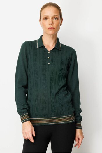 Desen Triko Women's Polo Neck Glitter Striped Wool Blouse Green