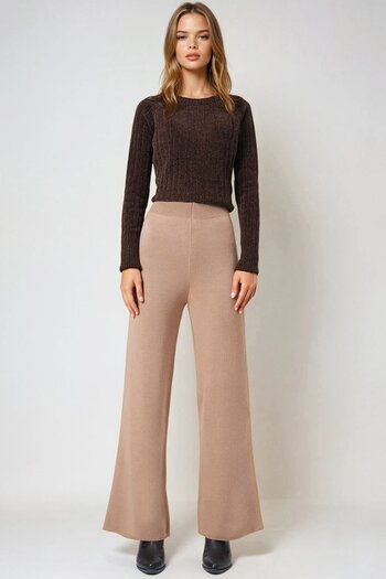 VAGGON Women's Biscuit High Waist Elastic Waist Knitwear Palazzo Pants Vs00973