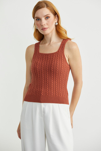 Sementa Hair Braid Square Neck Knitwear Tank Top - Tan