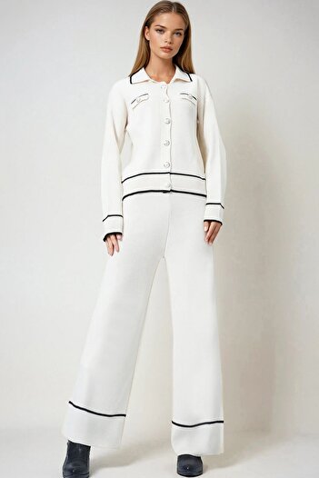 VAGGON Women's Ecru Contrast Trim Polo Neck Knitwear Cardigan and Pants Set Vs00978