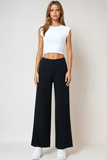 VAGGON Women's Black Elastic Waist Pocketless Palazzo Trousers Vs01027