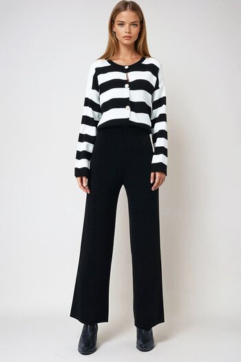 VAGGON Women's Black High Waist Elastic Waist Knitwear Palazzo Pants Vs00973