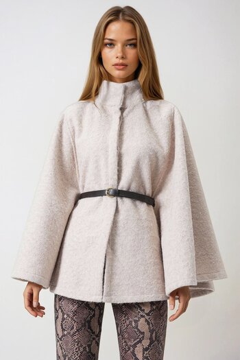 VAGGON Women's Beige Belted Hidden Button Premium Cape Vs01011