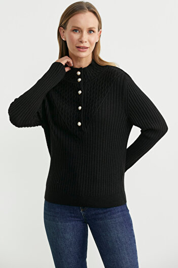 Sementa Buttoned Front Stand Collar Knit Sweater - Black