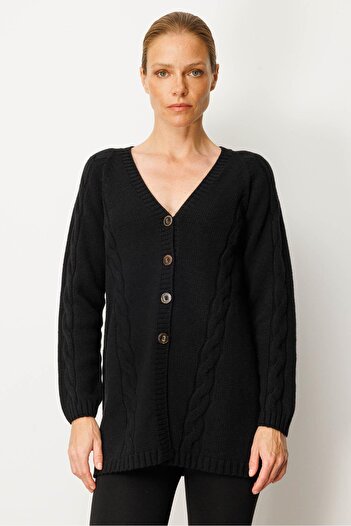 Desen Triko Women's V-Neck Hair Braided Long Wool Cardigan Black