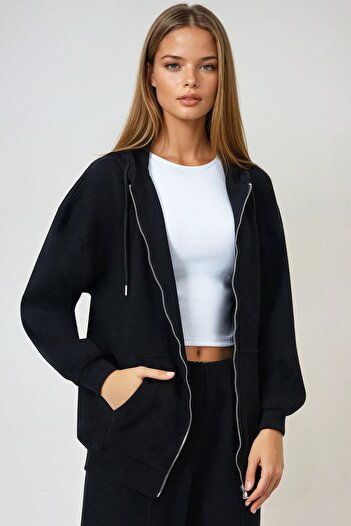 VAGGON Women's Black Double Pocket Zipper Closure Hooded Cardigan Vs01015