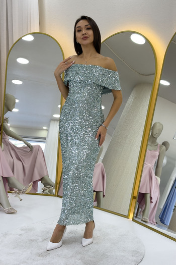 the ZKS Women's Madonna Collar Sequin Embroidered Pencil Midi Length Evening Dress Black, Lilac, Navy Blue, Beige, Khaki, Water Green
