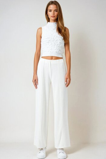 VAGGON Women's Ecru Elastic Waist Pocketless Palazzo Trousers Vs01027