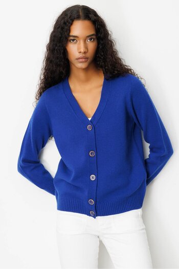 Desen Triko Women's V-Neck Short Wool Cardigan Dark Blue