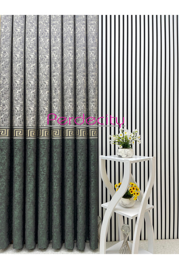 PERDECITY Poseidon Green Gray Gold Detailed Panel Backdrop Curtain Suitable for All Rooms 1X3 Frequent Pleats [Single Panel]