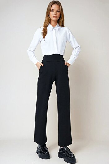 VAGGON Women's Black Wide Belted Double Pocket Palazzo Trousers Vs01028