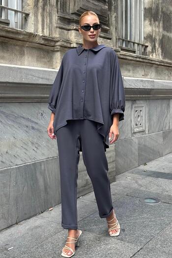 Keyifli Moda Women's Gray Shirt Collar Waist Elasticated Double Suit