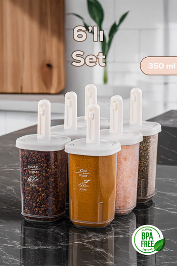 Porsima 4360 6-Piece Seasoning Container Set with Sliding Self-Serving Spoon and Leak-Proof Lid with Labels - Storage Container