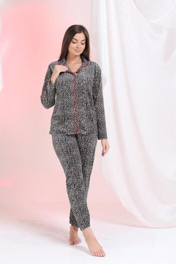Elit Tiny Leopard Buttoned Front Velvet Winter Women's Pajama Set Dowry Set Gift