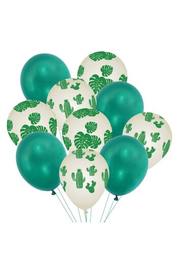 SHOPIENS Set 10 baloane de petrecere de vara Shopiens®, de culoare verde si albe cu model cactus, 30 cm