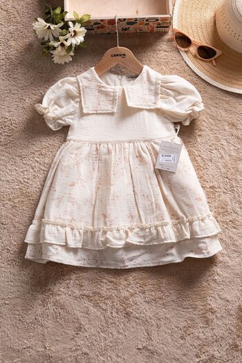 Cansın Mini Cream Floral Patterned Short Sleeve Baby Girl Muslin Dress 22674