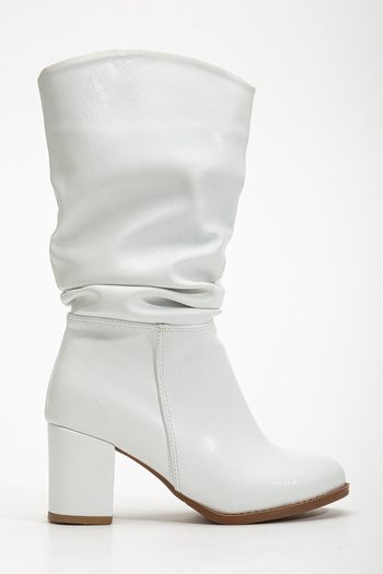 MARSEDO Women's Thick Heel Round Toe Drawstring Below-Knee Boots Tina White Skin