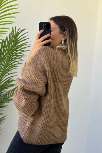 Kubos Moda Balloon Sleeve Pearl Embroidered Coffee Women's Knitwear Sweater