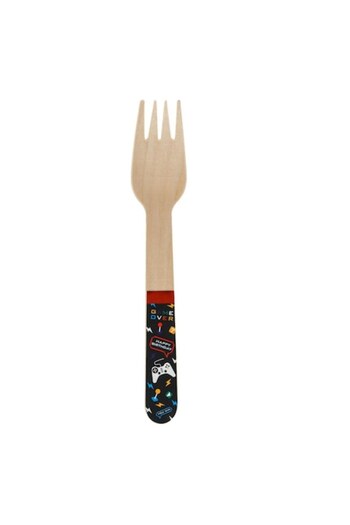 SHOPIENS Set 10 wooden forks for children's party - Micul Gamer by Shopiens, gaming print, 16 cm