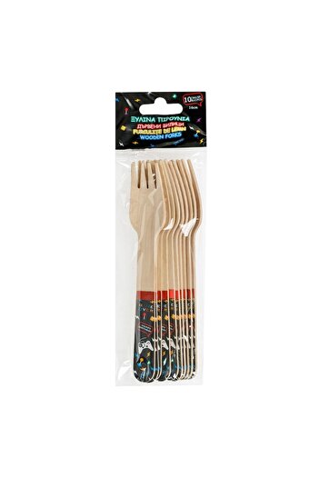 SHOPIENS Set 10 wooden forks for children's party - Micul Gamer by Shopiens, gaming print, 16 cm