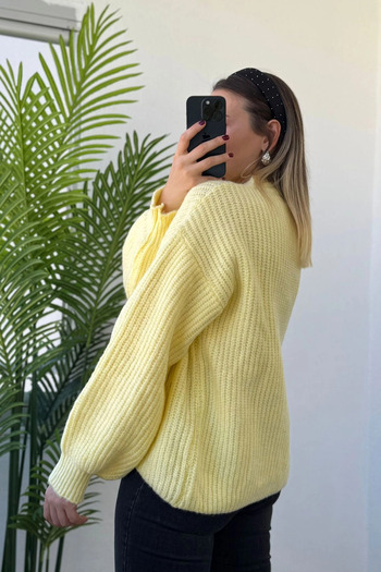Kubos Moda Balloon Sleeve Pearl Embroidered Yellow Women's Knitwear Sweater