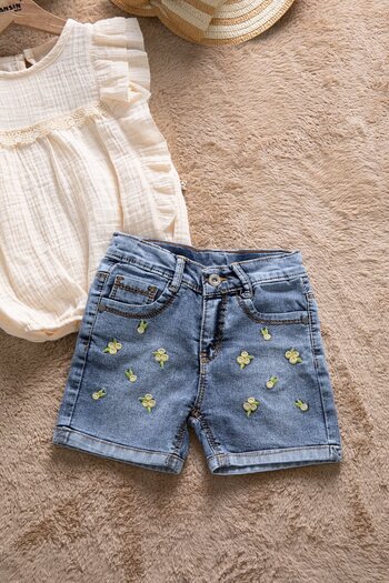 Cansın Mini Beige Lace Detailed Blouse and Jean Shorts Girl's 2-Piece Set 22663