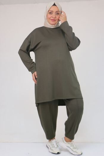 Eslina 47095 Plus Size Modal Pants Suit with Side Embroidery Detail - Khaki