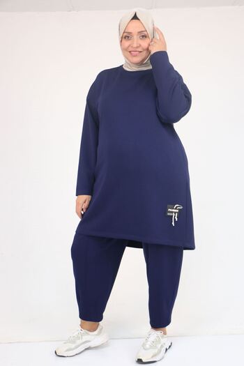 Eslina 47095 Plus Size Modal Pants Suit with Side Embroidery Detail - Indigo