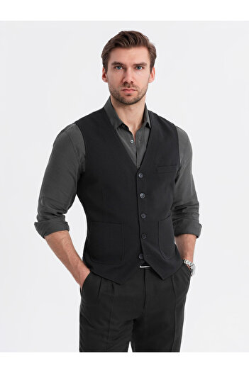 OMBRE Fitted structured men's vest with patch pockets - black V1 OM-BLZV-0146 L