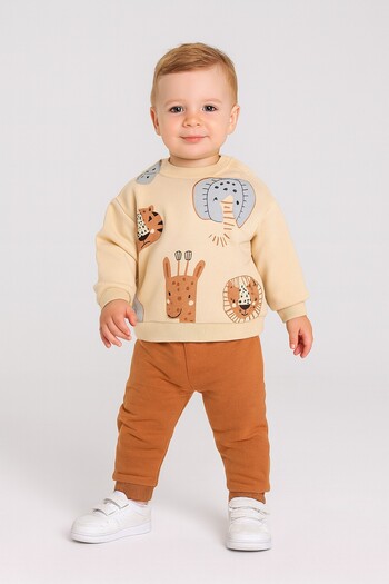 dinamik çocuk Baby Boy 3-Piece Ribbed Lion Elephant Zebra Printed Winter 2-Piece Tracksuit Set 100% Cotton 6-24 Months