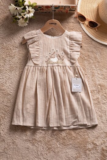 Cansın Mini Brown Flower Embroidery Ruffle Baby Girl Short Sleeve Dress 22673