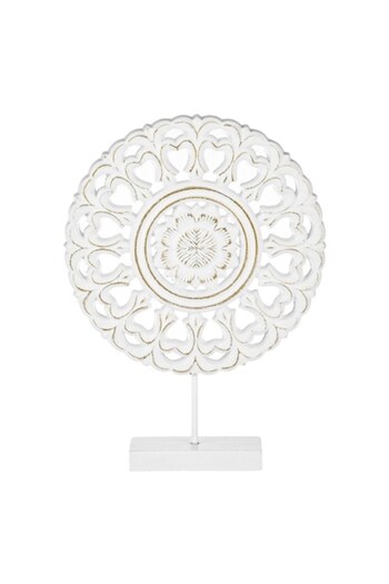 SHOPIENS Wooden Table Decoration Shopiens®, White Flower with Brushed Design on Wooden Base, 20 x 5 x 27 cm