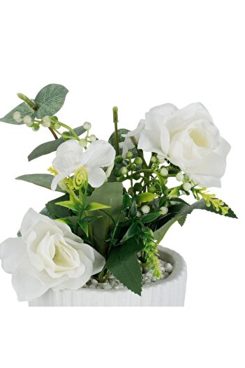 SHOPIENS Ghiveci Decorativ din Ciment Alb cu Planta Artificiala Trandafiri Albi Ø11x21cm