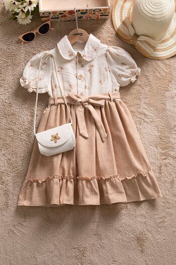 Cansın Mini Brown Muslin Fabric Patterned Girl's Short Sleeve Dress with Bag 22657