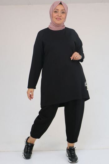 Eslina 47095 Plus Size Modal Pants Suit with Side Embroidery Detail - Black