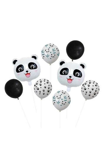 SHOPIENS Set 8 Party Balloons, 2 Panda Metallic Balloons 45x45cm and 6 Round Balloons Ø30cm, Inflatable with